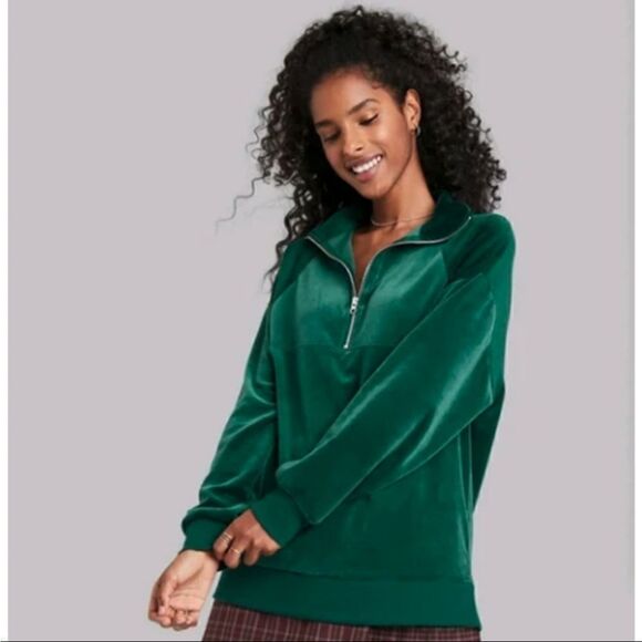 Wild Fable Women's Quarter Zip Velour Tunic Pullover Sweatshirt Green NWT - Picture 1 of 2